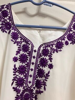 White Tunic with Purple Floral Embroidery